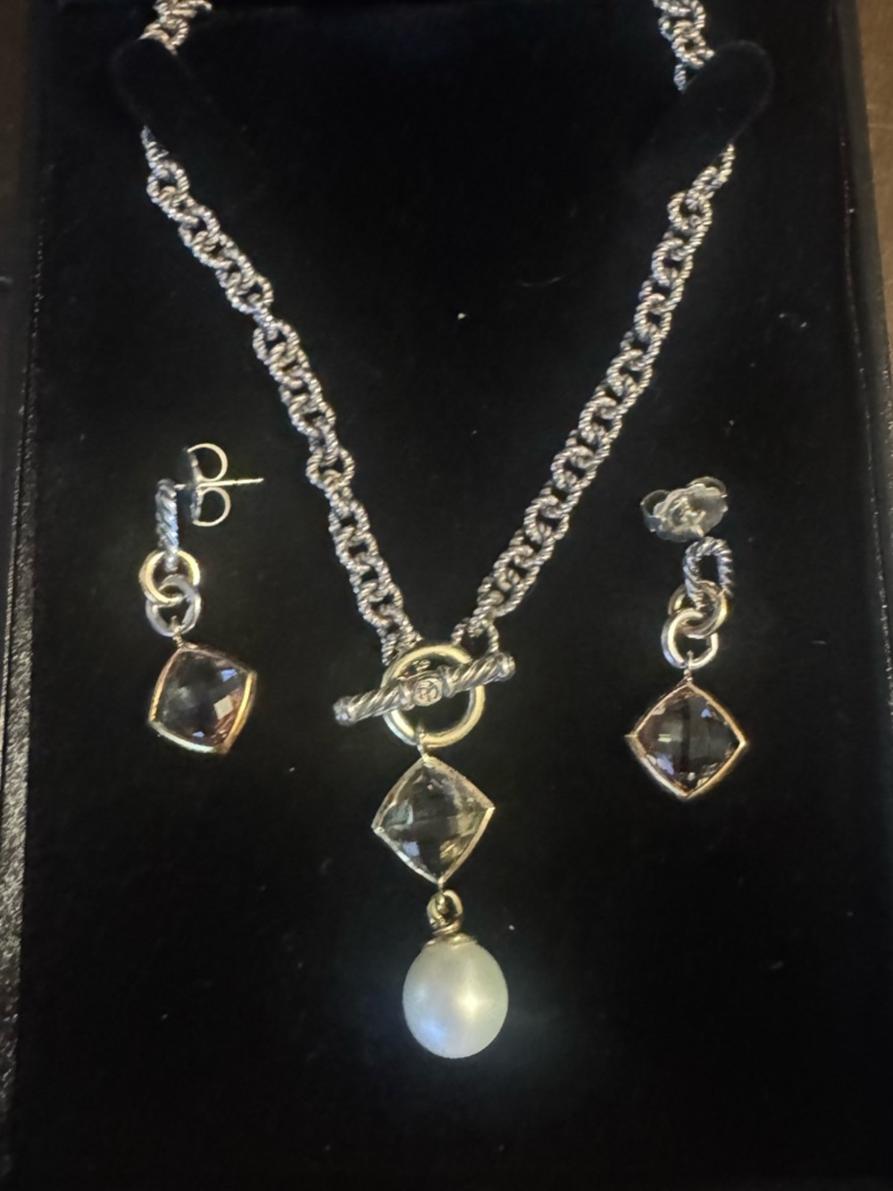 David Yurman set 18k / Ss toggle Elegant Pearl Drop Necklace prasiolite earrings